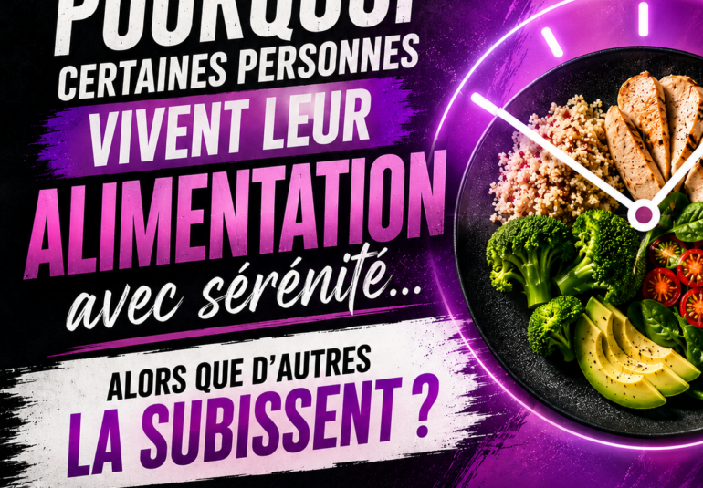 Illustration d’une alimentation structurée vécue avec sérénité ou comme une contrainte, avec une assiette équilibrée intégrée à une horloge.